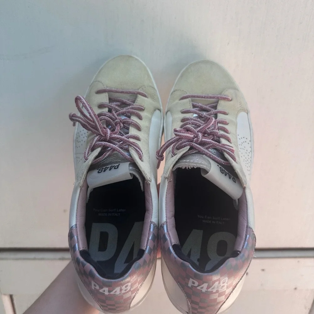 P448 John Low Top Sneakers White Beige Pink Silver Checkered Size 41